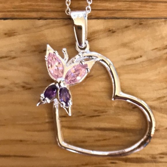 Macy's Jewelry - 925 Sterling Silver Heart Butterfly Stone Necklace